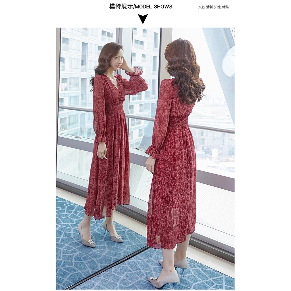 (Sẵn trắng) M79 - Đầm maxi Ulzzang chấm bi chun eo cài nút ngực dài tay dáng xòe vintage (3 màu)