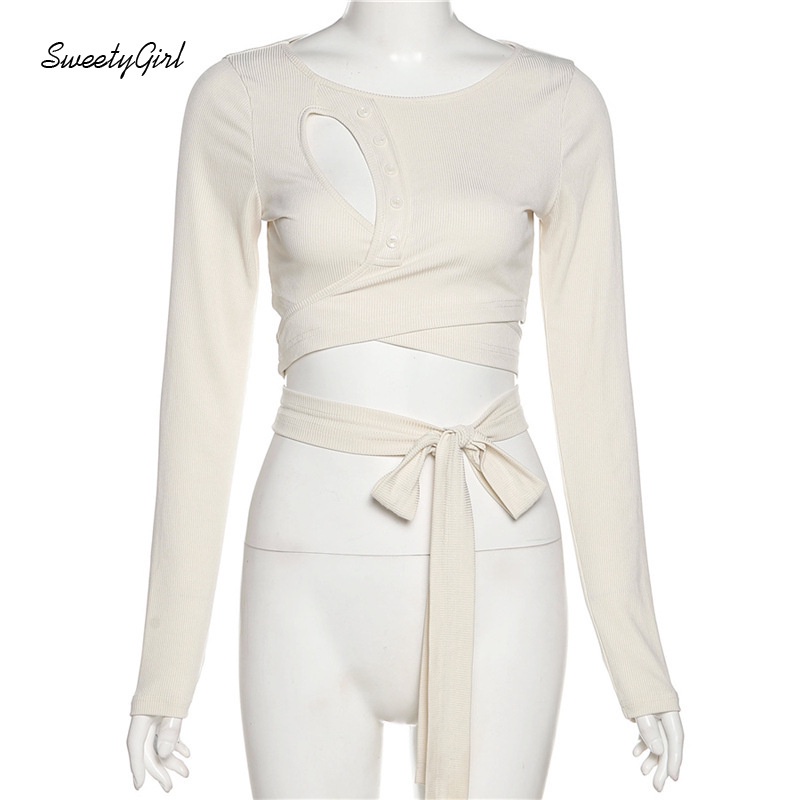 Áo Croptop Tay Dài Cổ Tròn Màu Trơn Thiết Kế Khoét Lỗ Thời Trang Quyến Rũ Dành Cho Nữ 2022