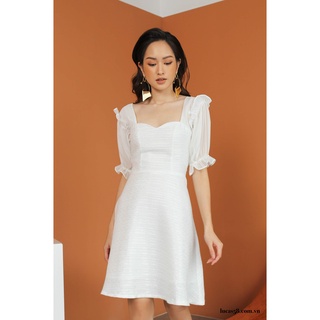 Váy molto trắng nhũ cổ v viền bèo vai, tay đính ngọc