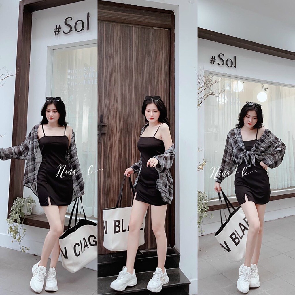 Set đầm body hai dây kèm áo khoác caro dài tay sang chảnh, thời thượng, thời trang nữ dạo phố, dự tiệc