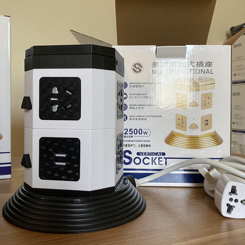 Ổ Cắm Điện Đa Năng 2, 3 Tầng Socket 2 Cổng Usb, Ổ Điện Chụi Tải 2500W Dây Nối Dài 1,8m An Toàn Sử Dụng