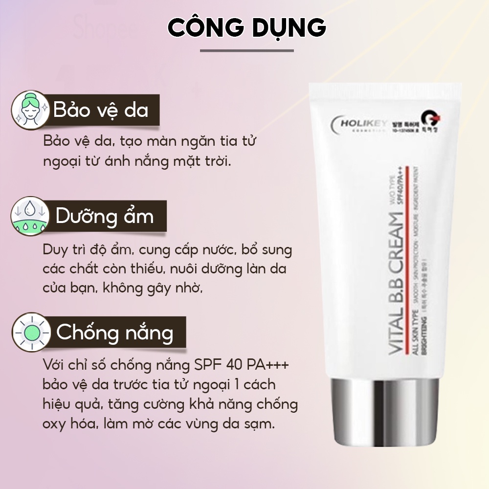 Kem nền trang điểm chống nắng Holikey Vital BB Cream Hàn Quốc SPF /40 PA 50ml giúp bảo vệ da và trắng sáng tự nhiên