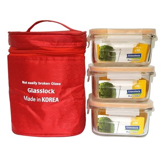 Bộ 3 hộp đựng cơm 490ml KÈM túi giữ nhiệtGlasslock