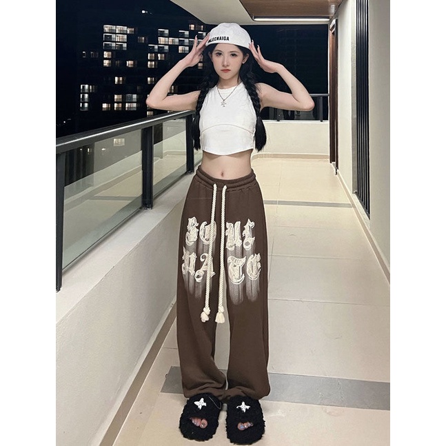 Quần Dài Thể Thao Ống Rộng Dáng Suông In Chữ Phối Dây Rút Kiểu Hip-Hop Đường Phố Cá Tính Cho Nam Và Nữ