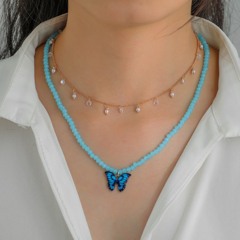 BUTTERFLY Dây Chuyền Hai Lớp Mặt Hình Bướm Đính Đá Thời Trang Cho Nữ