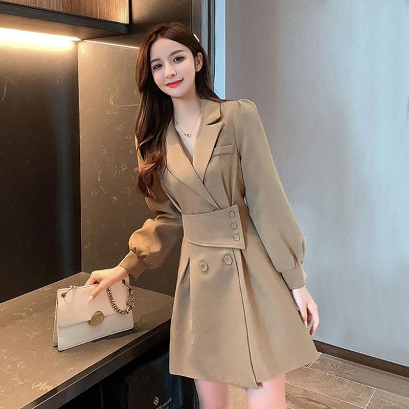 Đầm tay dài cổ vest thiết kế mới thời trang xuân thu phong cách Hàn Quốc cho nữ 2022
