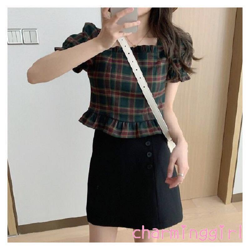 Áo Thun Nữ Ngắn Tay Cổ Vuông Họa Tiết Sọc Caro Phong Cách Retro