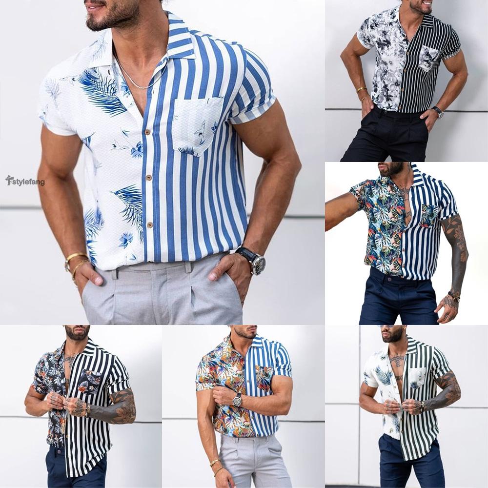 STYLEF-~Men/Mens Button Down Shirt Fitness Short Sleeve Casual Party Hawaiian Tee Top-