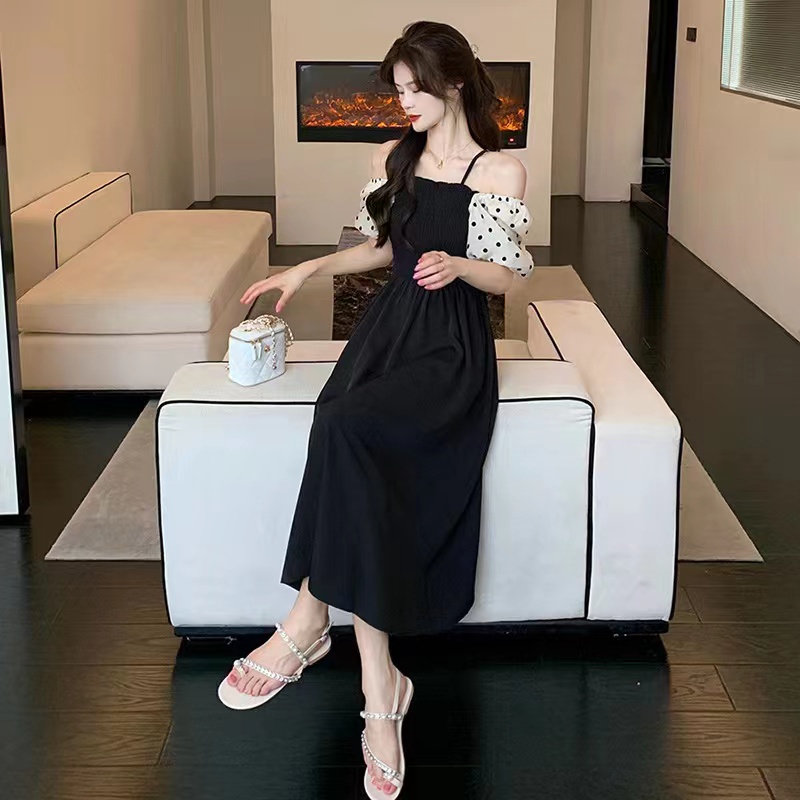 Đầm PERTY dáng dài tay ngắn phồng họa tiết chấm bi phong cách Hàn Quốc mới thời trang mùa hè dành cho nữ