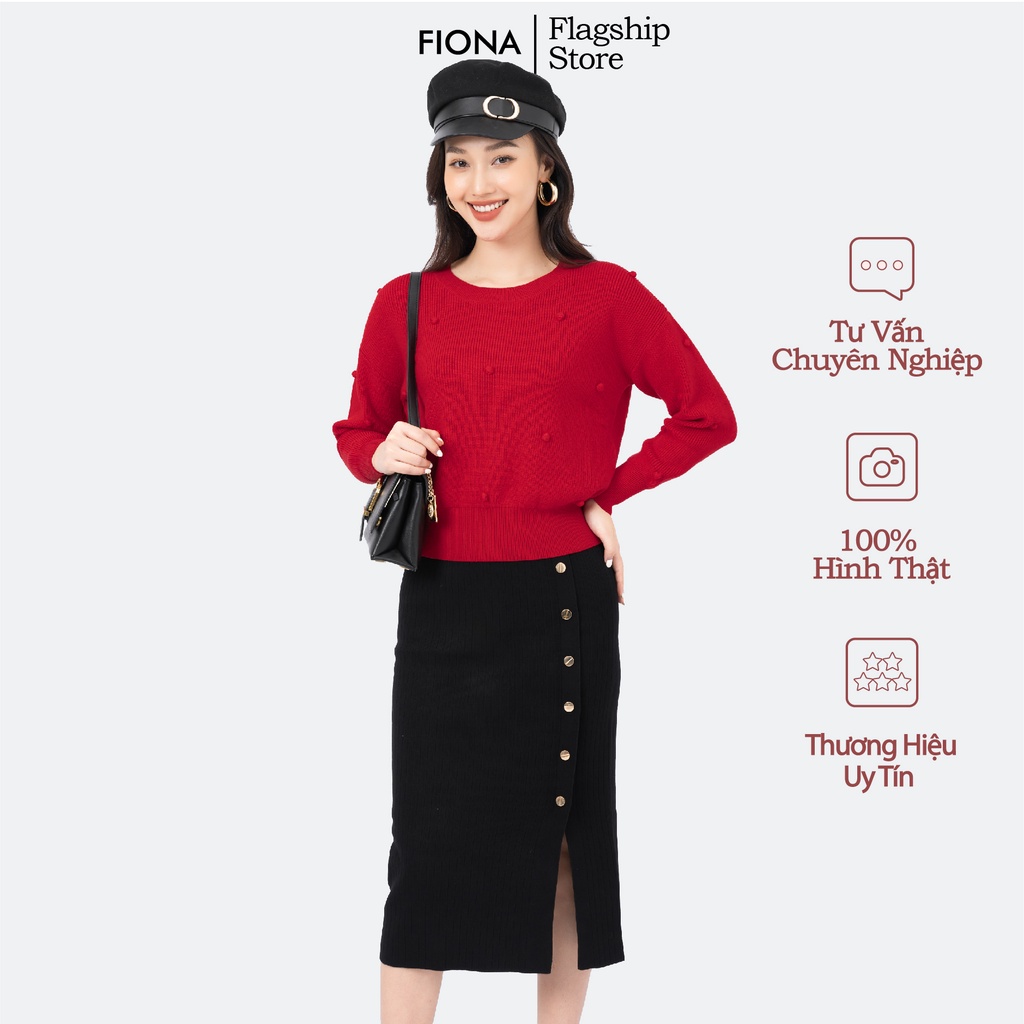 Chân váy len nữ dáng dài công sở xẻ trước, đính cúc FIONA, chân váy len nữ dáng ôm thời trang thu đông trẻ trung F851003