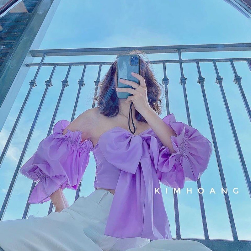 Áo trễ vai nơ lớn tay dài
