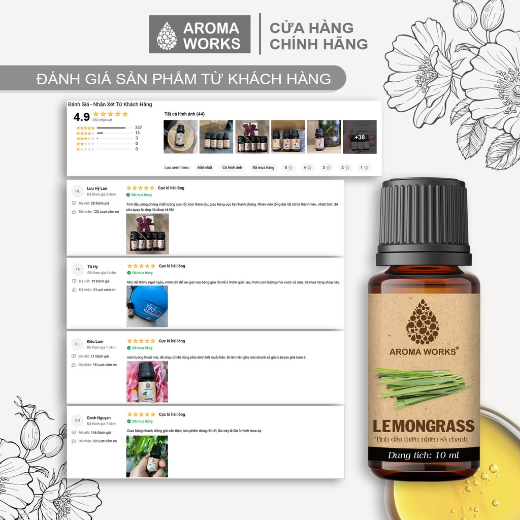 Tinh dầu Sả Chanh Aroma Works xông phòng, dễ ngủ, đuổi muỗi, thanh lọc không khí - Lemongrass