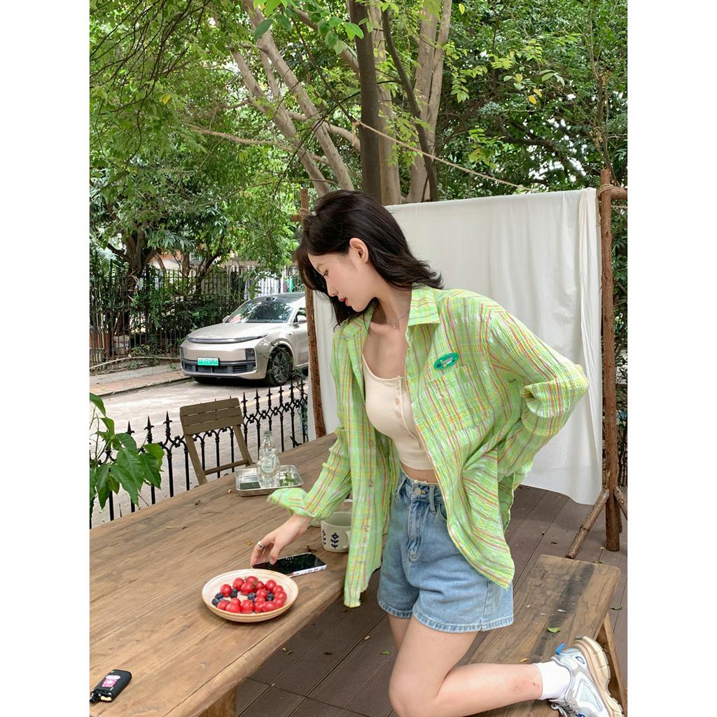 「 WELOVE1 」Áo Sơ Mi Nữ Tay Dài Dáng Rộng Họa Tiết Caro Màu Xanh Lá Phong Cách Retro Mùa Hè Mới