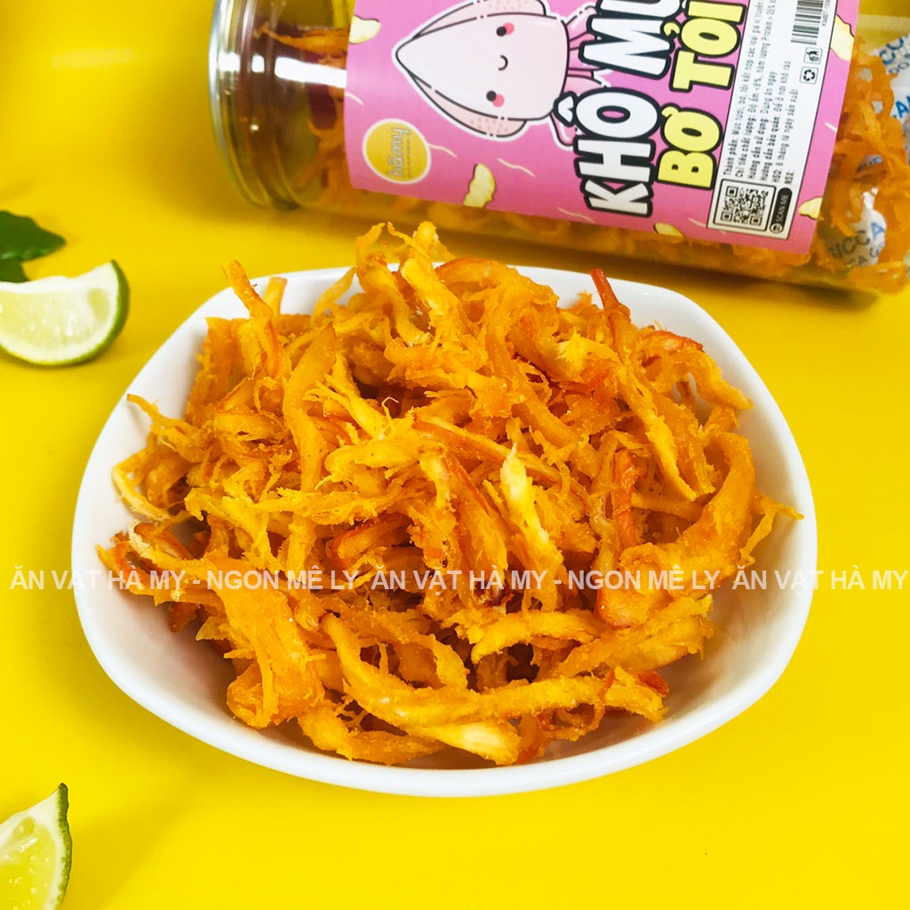 Mực sợi sốt bơ tỏi, khô mực bơ tỏi hũ 250g đồ ăn vặt Hà My