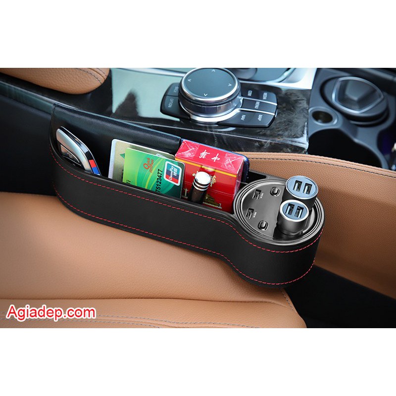Bộ chia Tẩu 2 Tẩu + 2 USB kiêm Hộc đựng đồ xe oto xe hơi - Sạc điện thoại chuẩn USA - Thiết kế mới AGD X1
