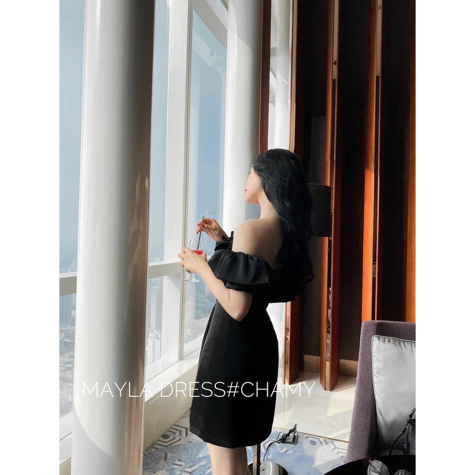 [ Miễn phí ship 2022 ] Đầm nữ công chúa dự tiệc, đầm đen trễ vai cổ bèo dáng ngắn quyến rũ, mặc siêu tôn dáng