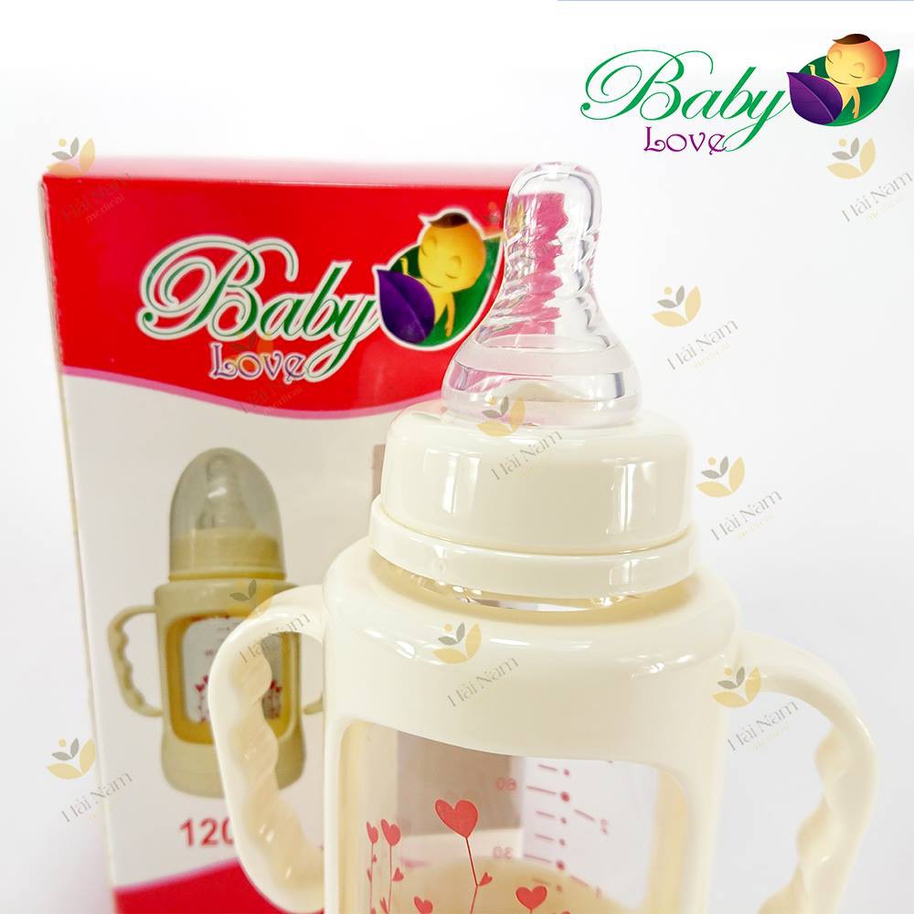 Bình sữa Baby Love thuỷ tinh 120 ml có tay cầm hàng Thái Lan nhựa chống vỡ quanh bình