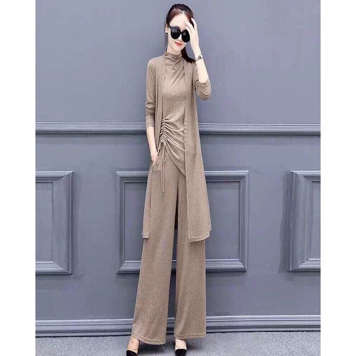 Set Len Quần Dáng Suông - Bộ Quần Áo Len Nữ Dáng Dài 3 Món Rút Gấu Kèm Áo Khoác Phong Cách Tổng Tài