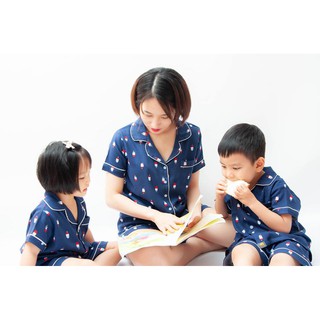 Pyjama Ngắn Xanh Kem Navy Cho Mẹ Và Bé