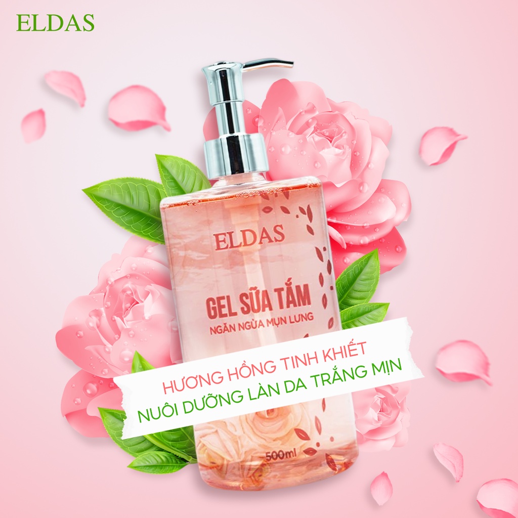 Gel Sữa Tắm Mụn Lưng ELDAS, Giảm Viêm Nang Lông Mụn Cơ Thể, Tinh Chất TRÀM TRÀ KHỔ QUA, Hương HOA HỒNG quyến rũ 500ml