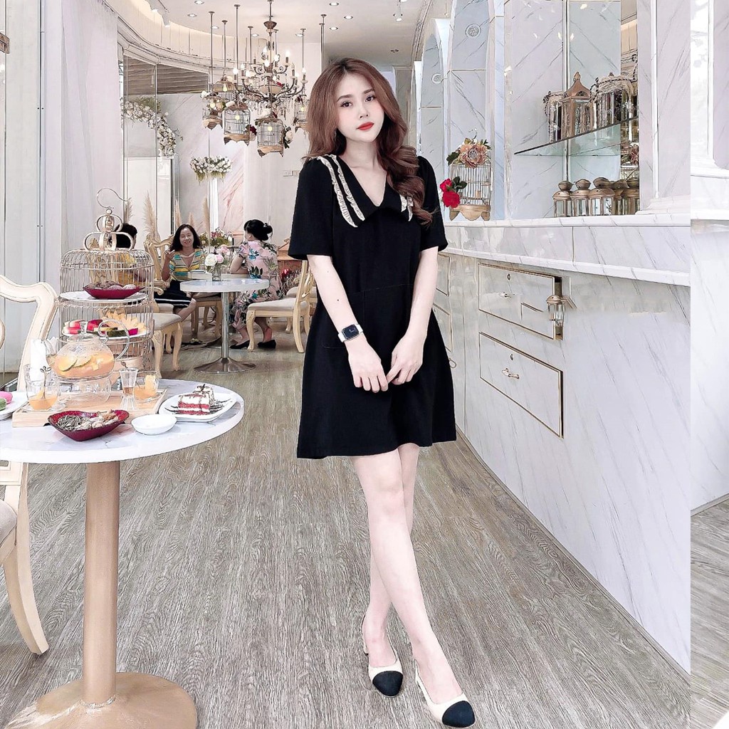 Váy bầu thời trang thiết kế cổ bèo M130 chất đũi hàn freesize từ 45 đến 70kg