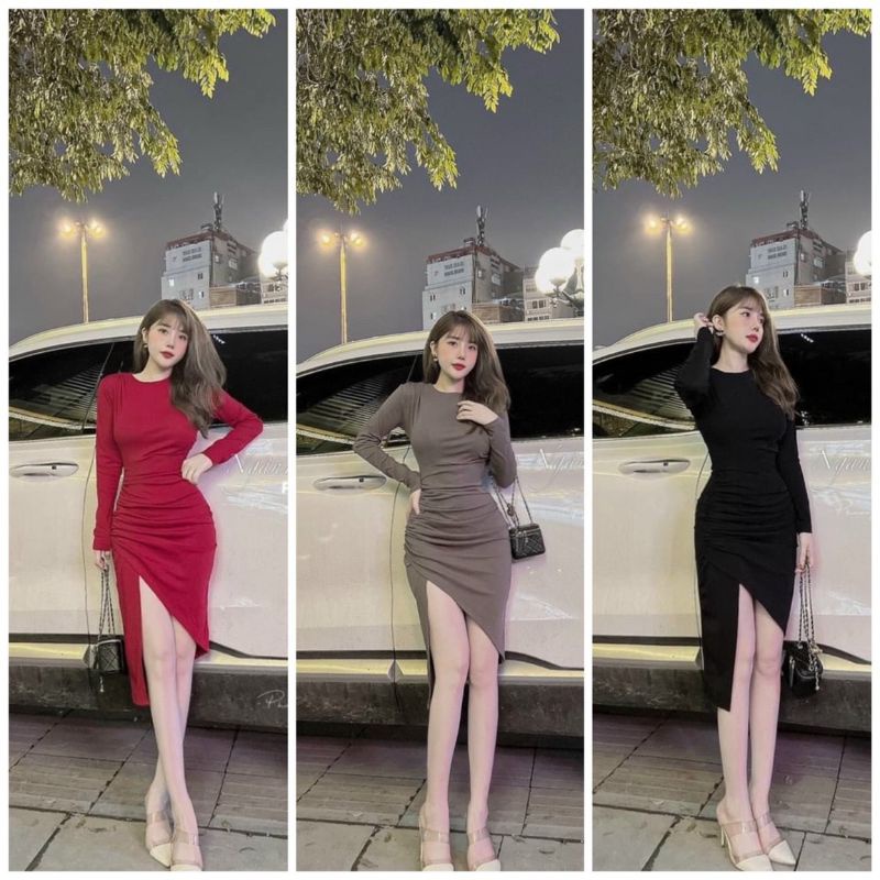 Đầm Thun Borip Ôm Body Xẻ Tà Chéo Nhún Eo Sang Chảnh - Dáng Dài Tay Dài Cổ Tròn