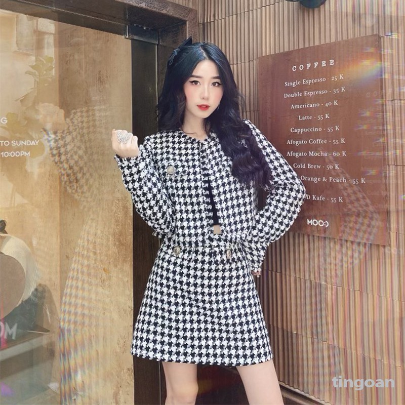 TINGOAN® - Chân váy tweed cạp cao caro tingoan LOVE POEM SKIRT/CR V2 vải mới nhất 2023 ánh ngà vintage