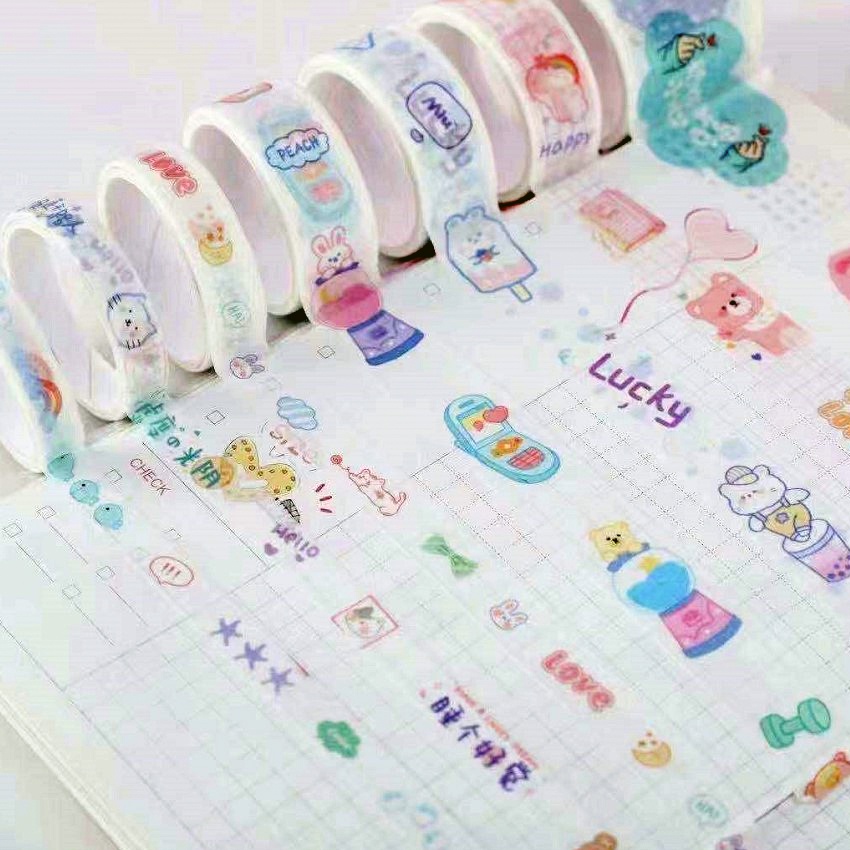 Hộp 12 tấm sticker + 5 cuộn washi tape nhiều hình cute dễ thương, băng dính washi tape CREAMY WST145