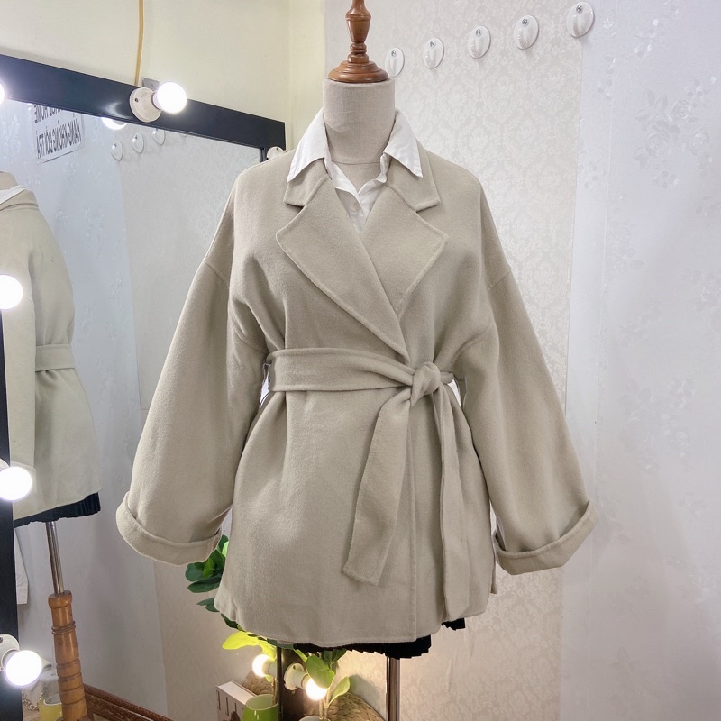 Ảnh thật/hàng sẵn/Áo khoác dạ ép lông cừu 1 lớp hàng handmade dáng lửng kèm dây đai mẫu 2022