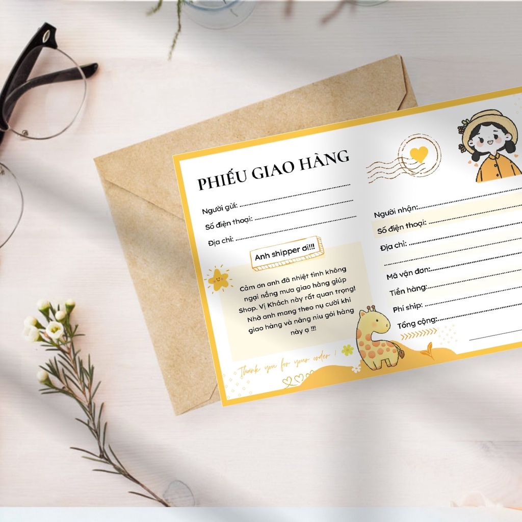 Combo 50 tờ Phiếu giao hàng, giấy giao hàng, phiếu ship hàng  mẫu khủng long vàng size 10.5 x 14.5 cm