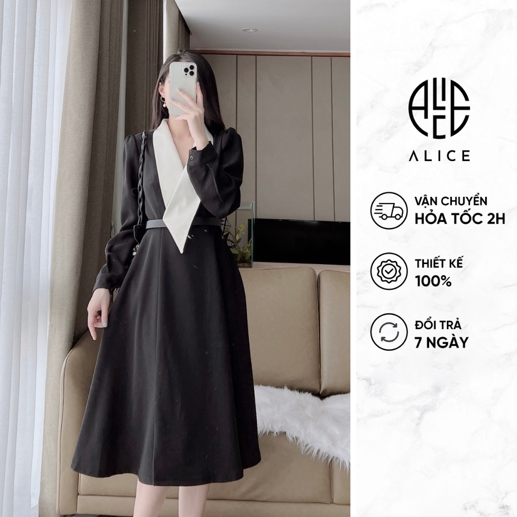 Váy Công Sở ALICE Cổ Vest Cài Cúc Trước Dáng Suông Sang Trọng Tặng Kèm Đai Váy V1034
