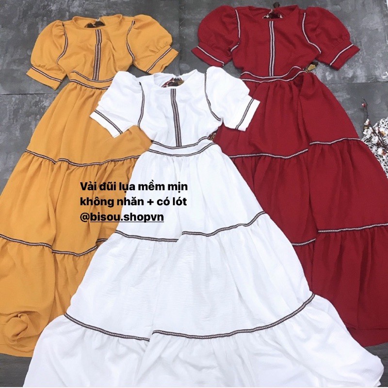 Đầm maxi đũi lụa thổ cẩm phối viền tay bồng hở lưng vintage, Váy tiệc xoè xịn retro du lịch chụp ảnh đẹp 3 MÀU HÌNH THẬT | BigBuy360 - bigbuy360.vn