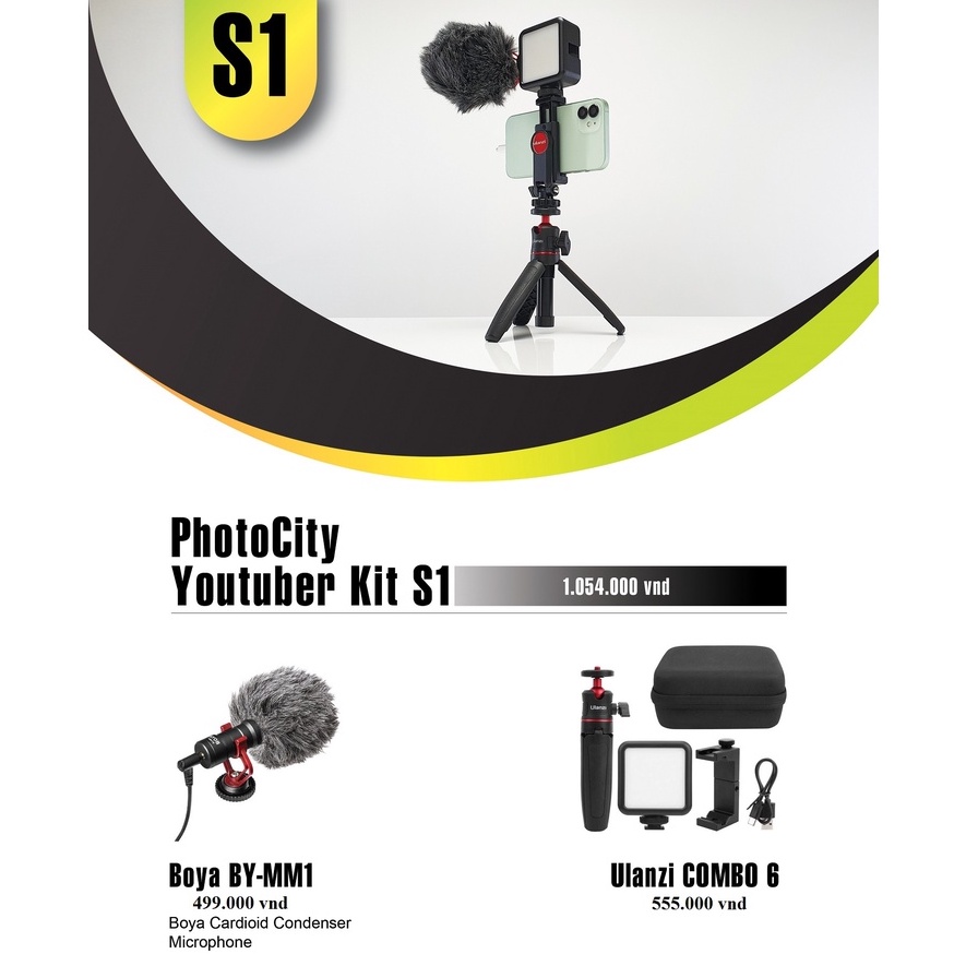 PHOTOCITY YOUTUBER KIT S1 - Combo Mic thu âm BOYA BY-MM1 và Phụ kiện dành cho Điện thoại cổng 3.5mm