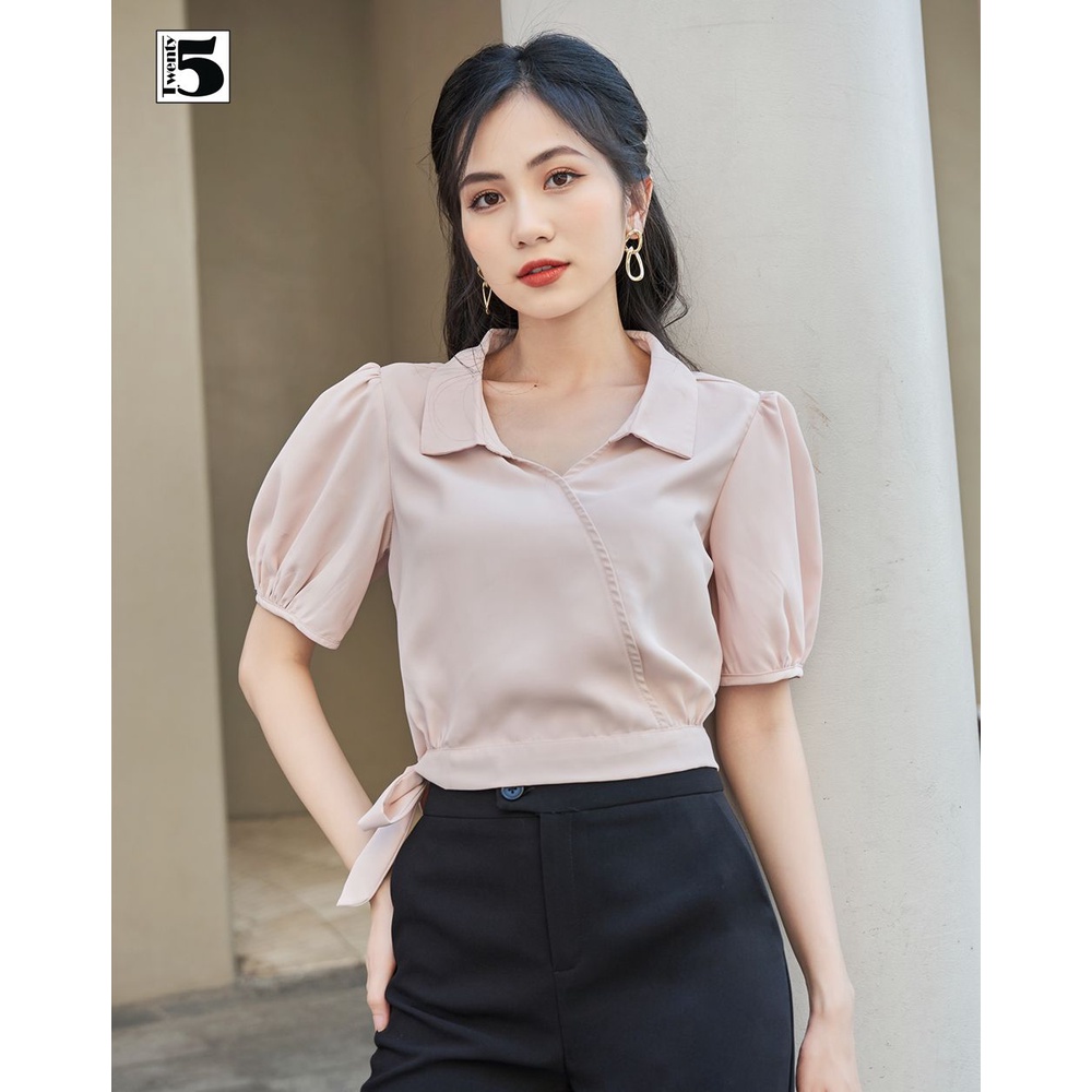Áo sơ mi nữ cổ đức tay bồng dáng lửng thắt nơ eo Twentyfive N1065