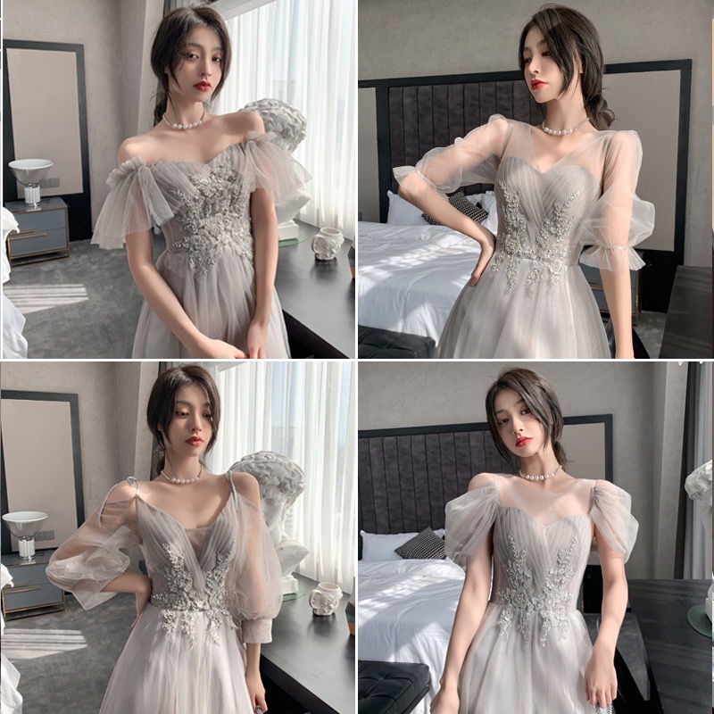 Đầm phù dâu dáng dài ôm vừa vặn màu xám thời trang mùa hè đơn giản，váy prom，đầm dạ hội，đầm công chúa，váy phù dâu，Váy dạ hội