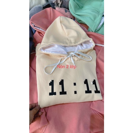 Áo hoodie tay phồng in 11:11 giờ, form rộng &lt;65kg hàng nỉ ngoại dày dặn nón 2 lớ