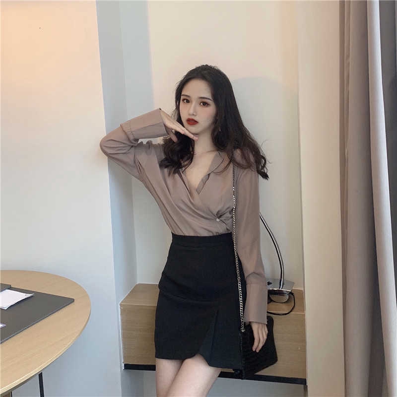 Áo Sơ Mi Dài Tay Cổ V Đan Chéo Phong Cách Hồng Kông 23085