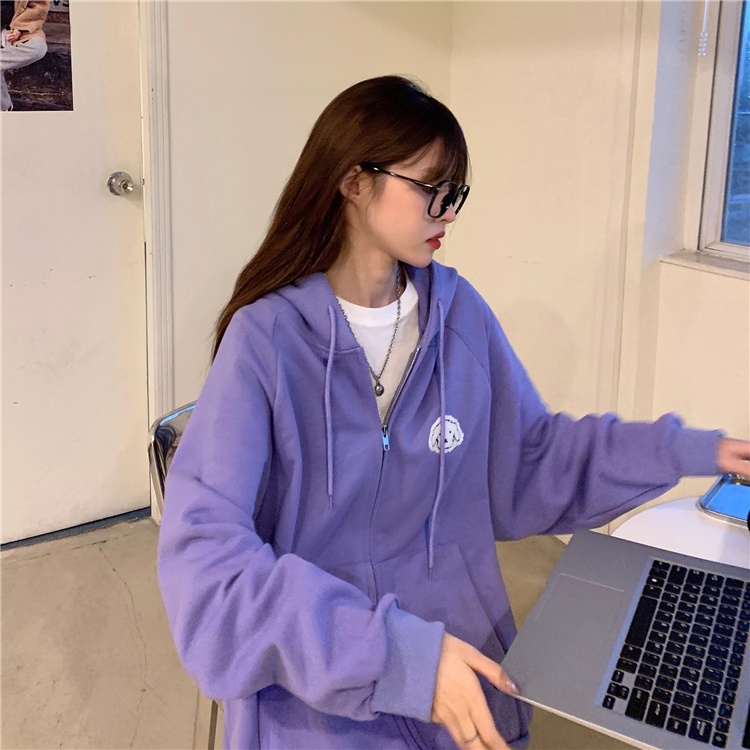 SUXI Áo khoác có mũ đầu trùm tay dài phỗi khóa kéo phong cách Hàn Quốc đơn giản thời trang mùa thu cho nữ