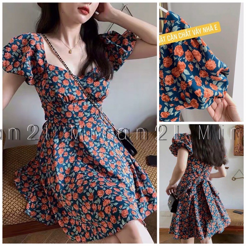 🍊VÁY HOA CAM CỔ TIM VUÔNG VINTAGE 🌼  ( ảnh thật cận chất )