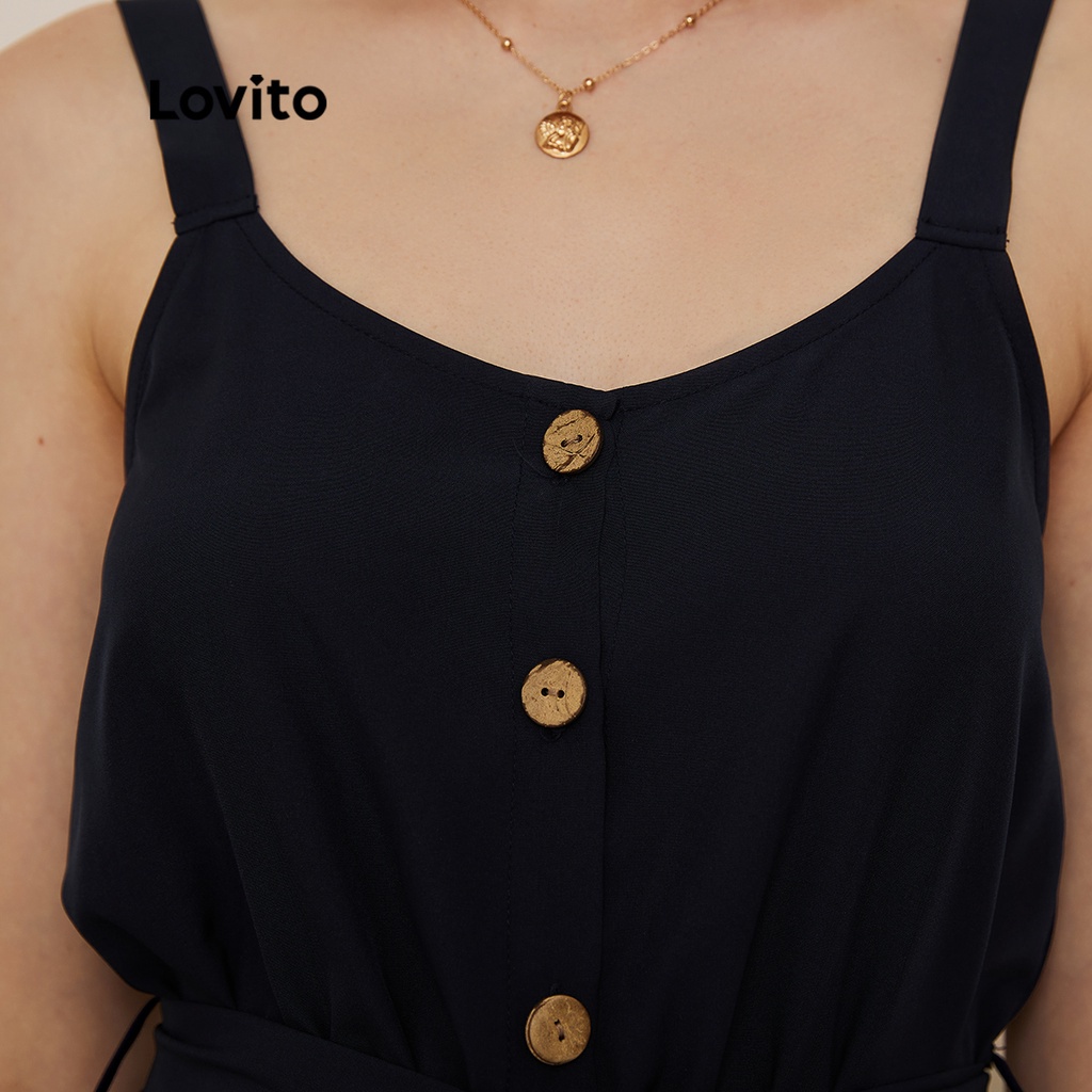 Áo liền quần Lovito phối thắt lưng/ túi/ dây/ nút màu trơn phong cách preppy L19D035 (Màu xanh lam)