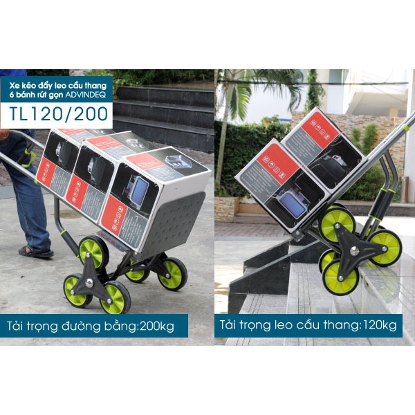 Xe đẩy hàng kéo hàng leo cầu thang rút gọn 6 bánh chở hàng 120kg- 200kg nhập khẩu giá rẻ ADVINDEQ TL-120/200 BH 1 năm