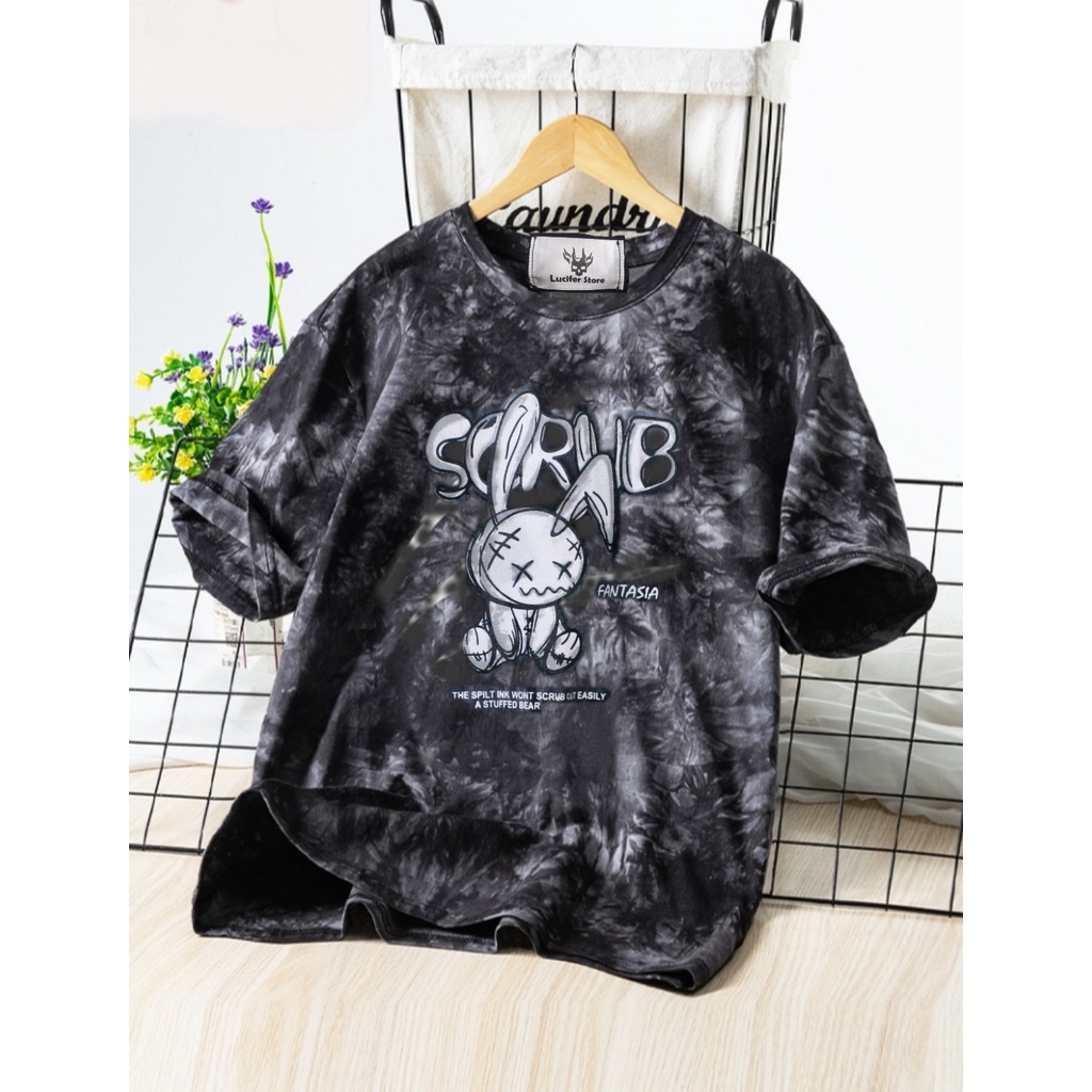 Áo phông from rộng_nam,nữ-100% cotton_Áo phông loang xám Thỏ