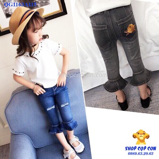 Quần jean lửng ống loe rách gối cho bé gái từ 26-38kg