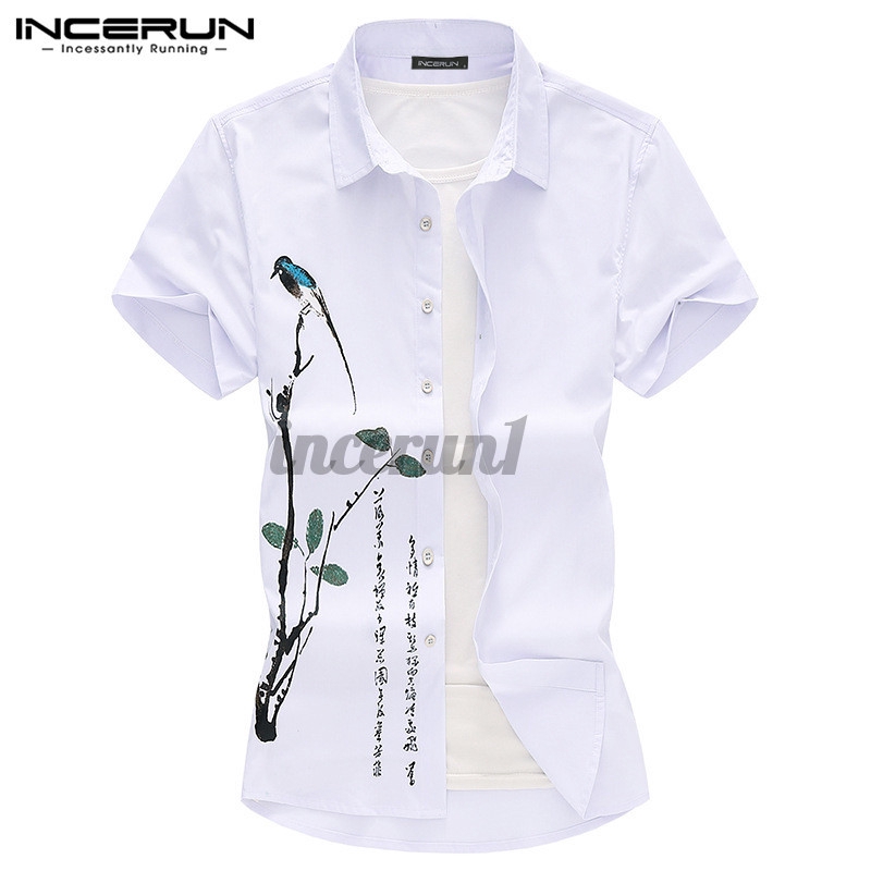 Áo sơ mi INCERUN tay ngắn in họa tiết cá tính cho nam