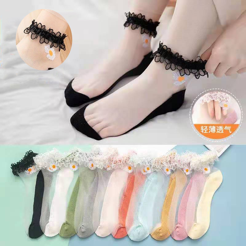 Tất Vớ Trong Suốt Cổ Viền Ren Hoa Cổ Lửng Thun Thoáng Khí - Vani Store