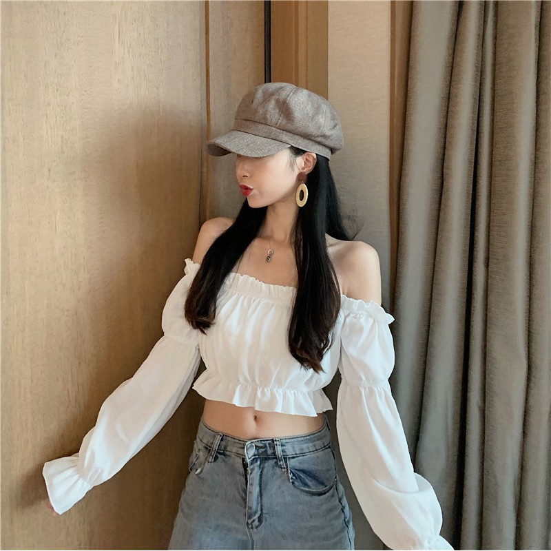 Áo trễ vai croptop nữ chun bồng tay dài F15