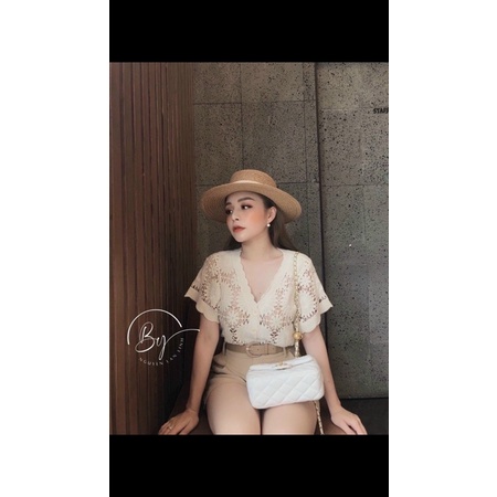 Áo len ren mongtoghi quảng châu dáng ngắn crotop tay lỡ cổ tym tiểu thư công sở đi làm đi chơi vintage