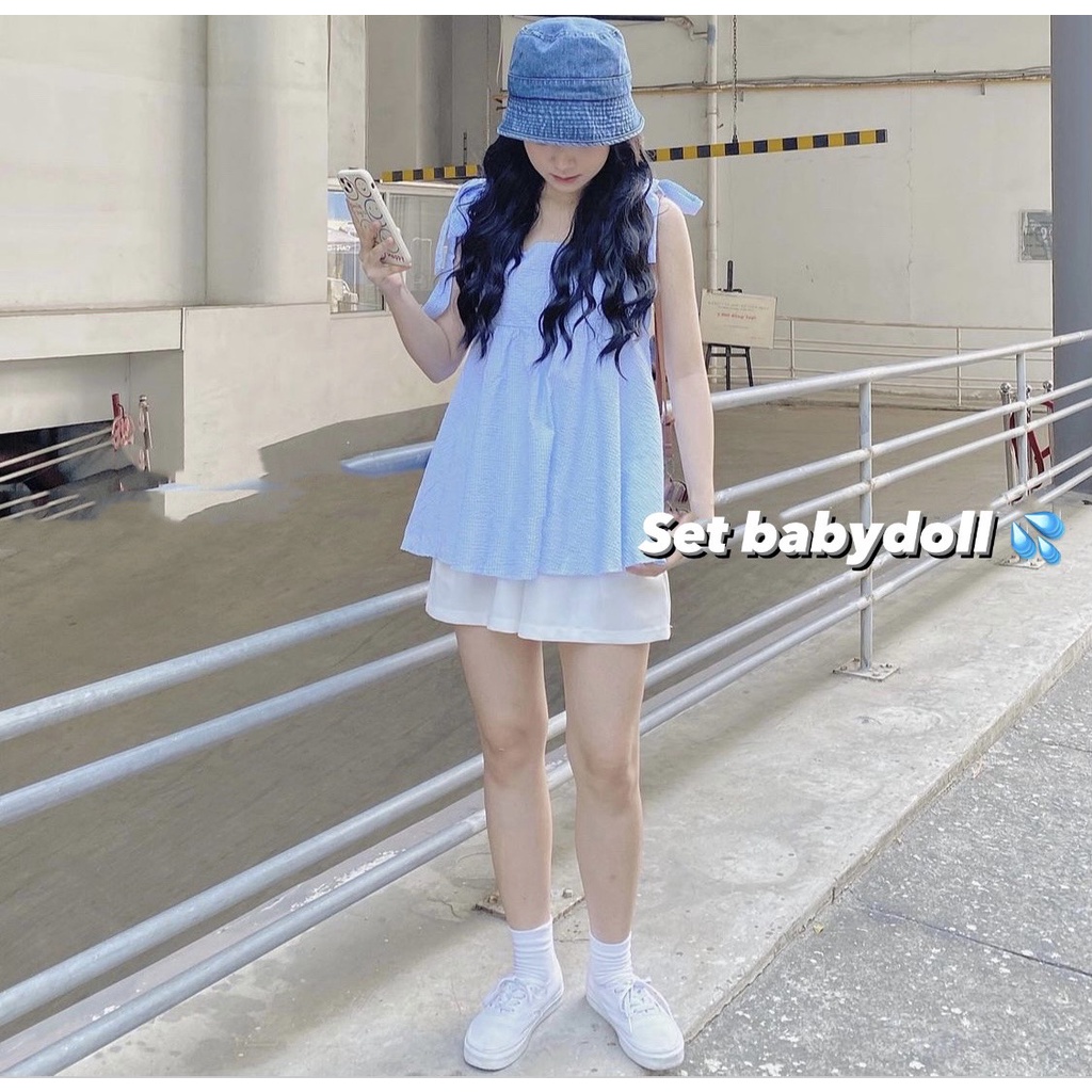 [Video ảnh thật] Set Áo Babydoll Buộc Nơ Vai Xanh Phối Cùng Quần Short Trắng