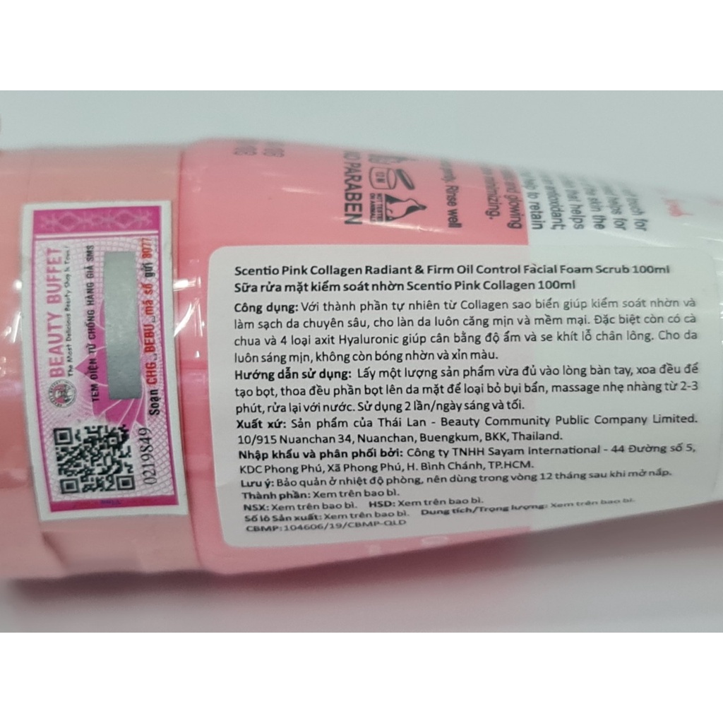 Sữa Rửa Mặt Dưỡng Trắng Săn Chắc Da Kiểm Soát Nhờn Beauty Buffet Scentio Pink Collagen 100ml Thái Lan