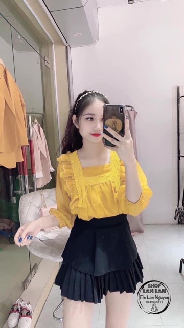 Áo Kiểu Bánh Bèo Tiểu Thư Ren Tay Bồng Dài 2 Lớp Cổ Vuông 🥰